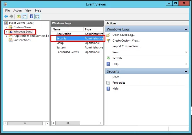 Windows Logs chọn Tab Security để kiểm tra lịch sử bảo mật VPS
