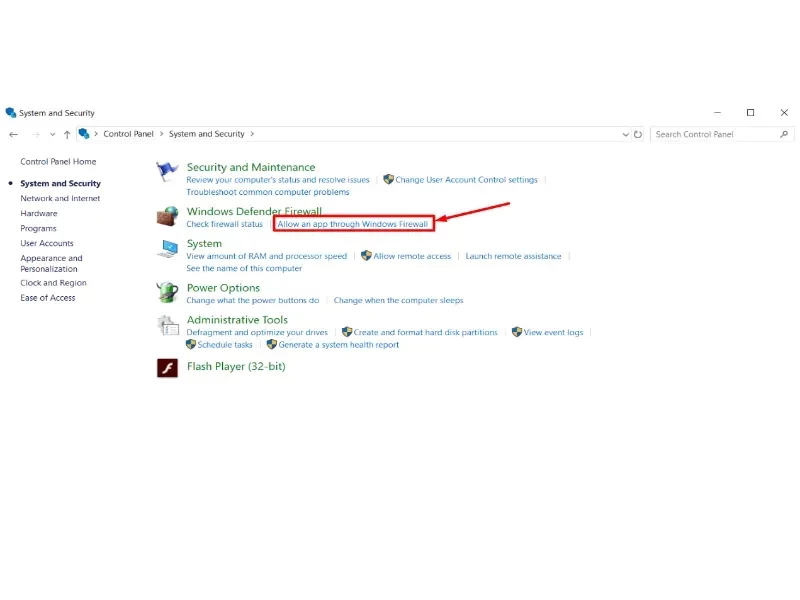 Nhấn Allowed an app or feature through Windows Defender Firewall