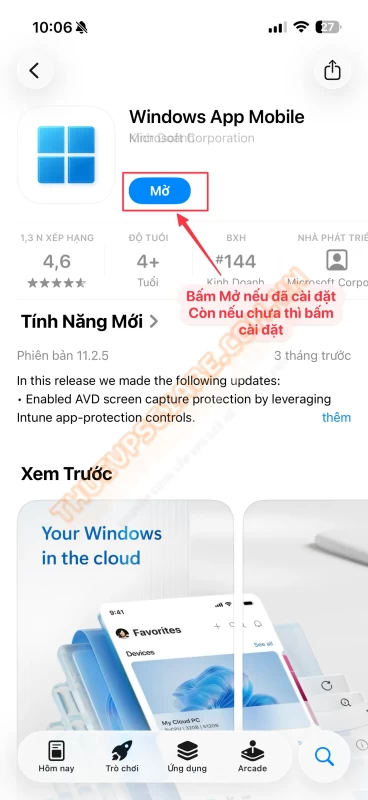 Cài đặt Windows App Mobile trên App Store