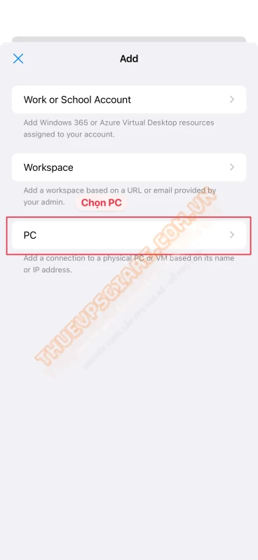 Chọn PC để thêm VPS trong Windows App Mobile