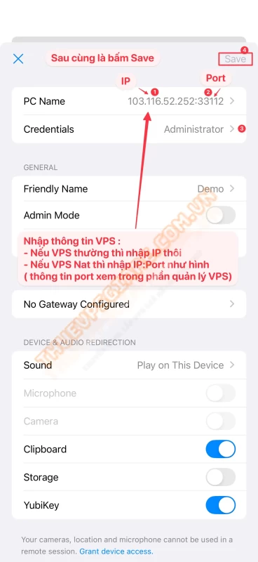 Nhập IP và Port VPS trong Windows App Mobile